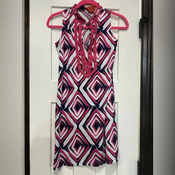 NWT Tracy Negoshian Navy Blue /Pink/ White Geometric Pattern Sleeveless Dress - Picture 3 of 7